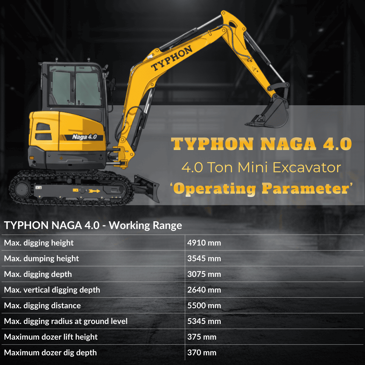 TYPHON NAGA 4.0 Mini Excavator w 4 Ton 24.4hp Yanmar Diesel Engine Metal Track ISO SAE control switch, AC Heater Cabin, 2 Travel Speed - Image 4