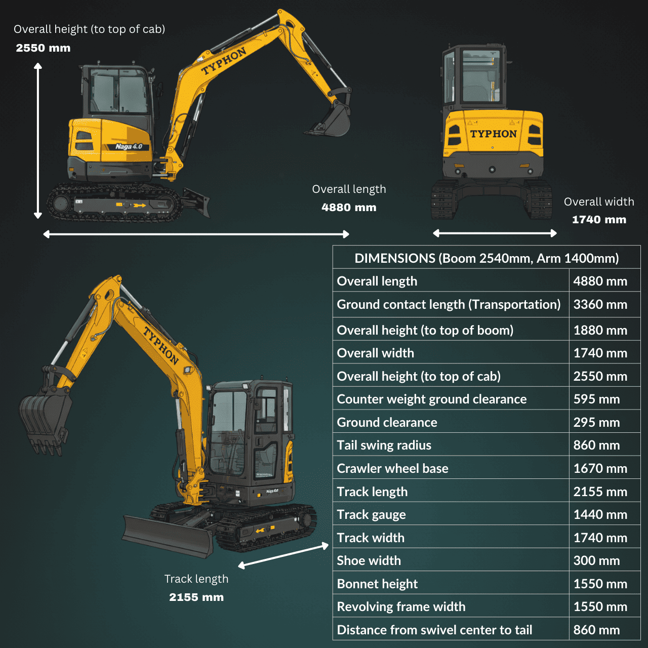 TYPHON NAGA 4.0 Mini Excavator w 4 Ton 24.4hp Yanmar Diesel Engine Metal Track ISO SAE control switch, AC Heater Cabin, 2 Travel Speed - Image 2