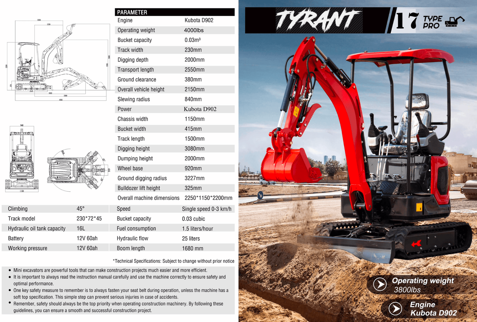 3800lbs TYRANT 17 Diesel Mini Excavator Kubota D902 Engine Side Swing w 12 attachments - Image 2