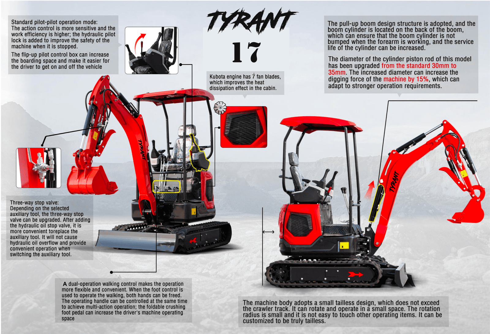 3800lbs TYRANT 17 Diesel Mini Excavator Kubota D902 Engine Side Swing w 12 attachments - Image 3