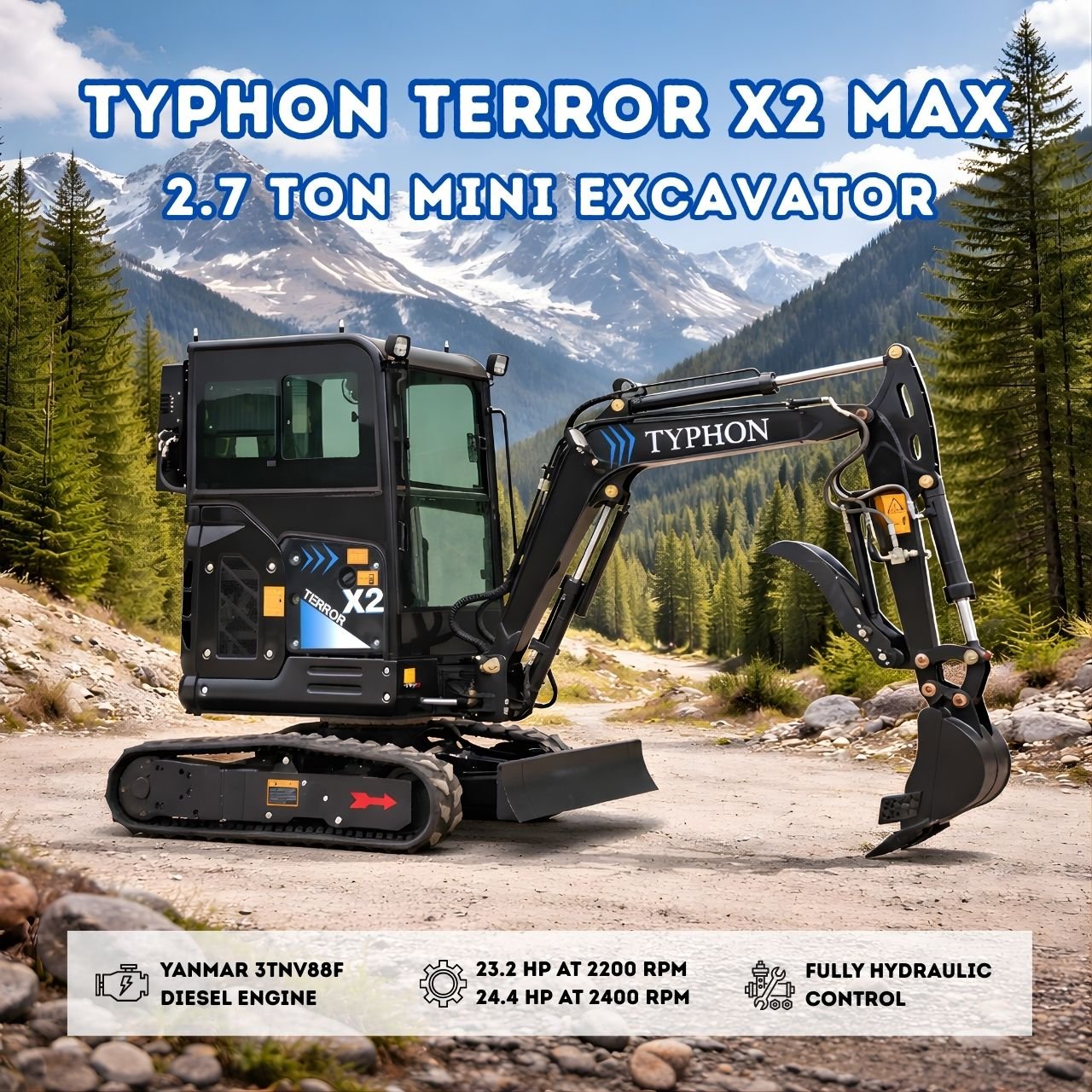 TYPHON TERROR X2 MAX 2.7-Ton Mini Excavator Yanmar Engine Cabin A/C