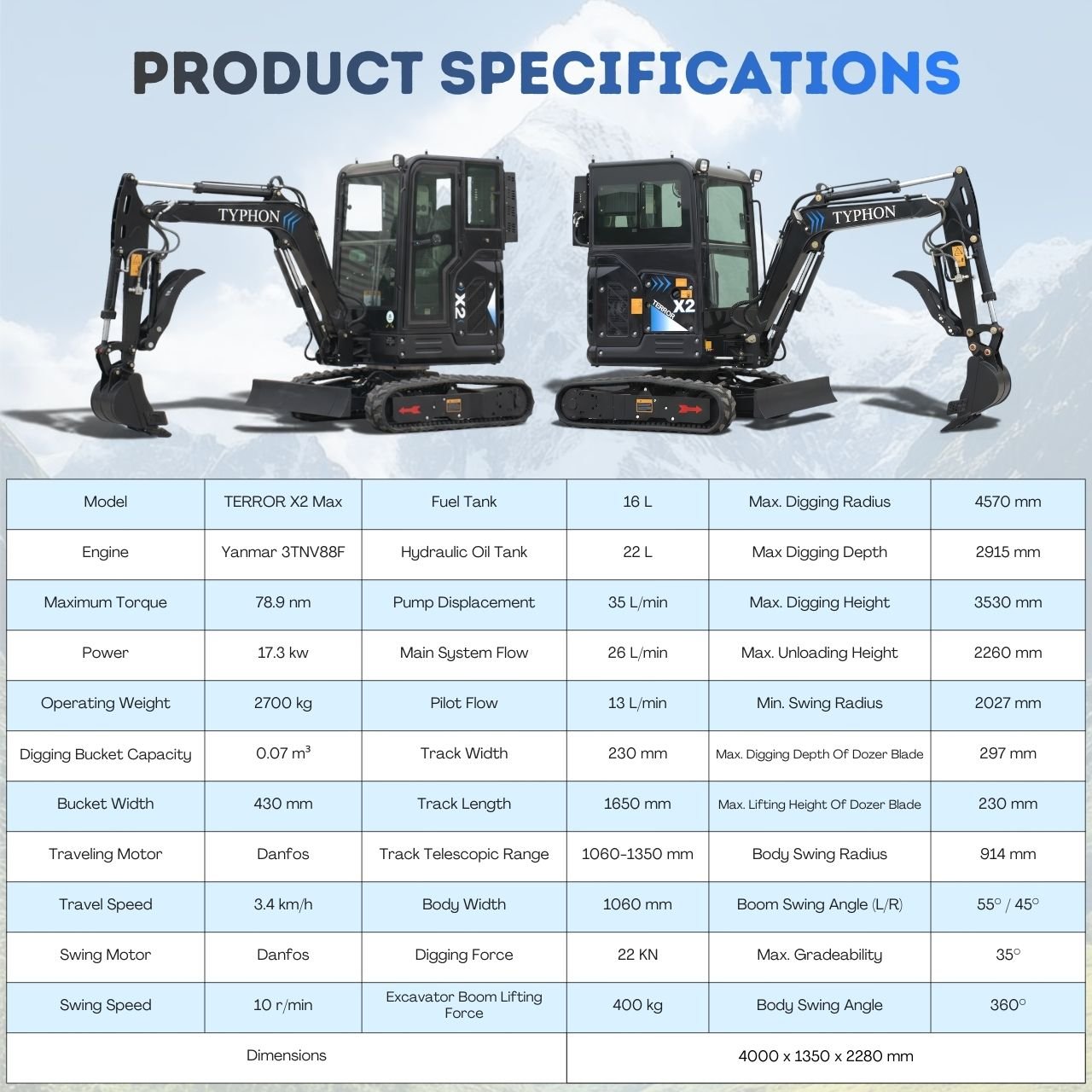 TYPHON TERROR X2 MAX 2.7-Ton Mini Excavator Yanmar Engine Cabin A/C - Image 2