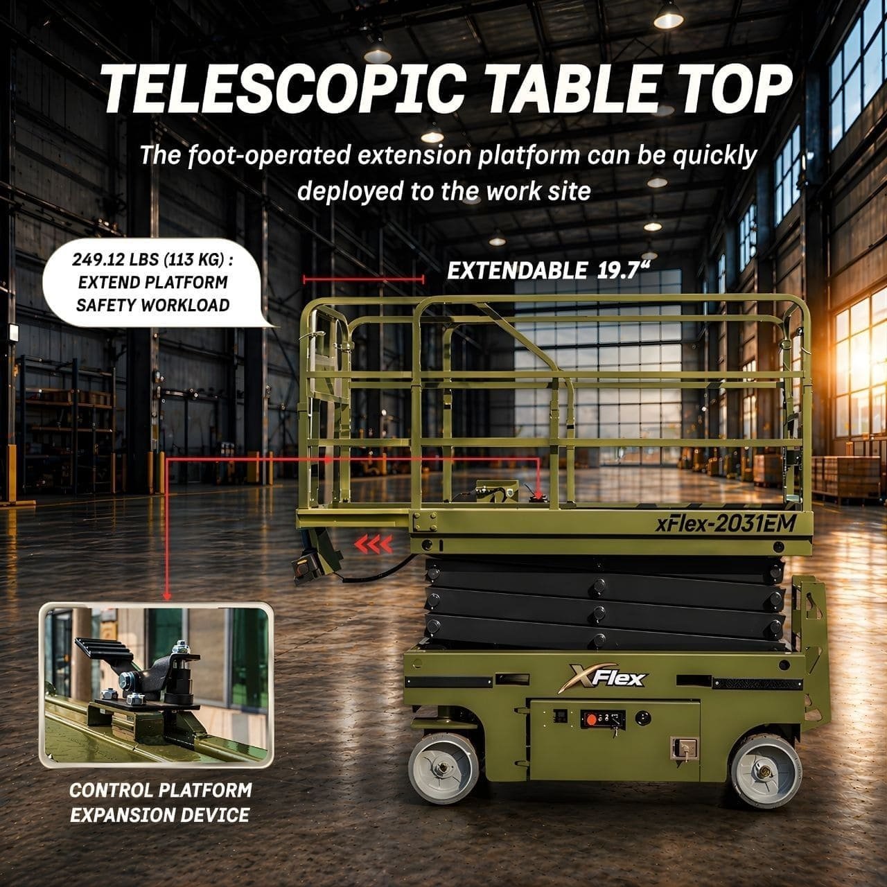 TYPHON xFLEX-2031EM 1.2 Ton Electric Mini Scissor Lift with 20ft Max Platform Height and 19.7″ Platform Extend - Image 15