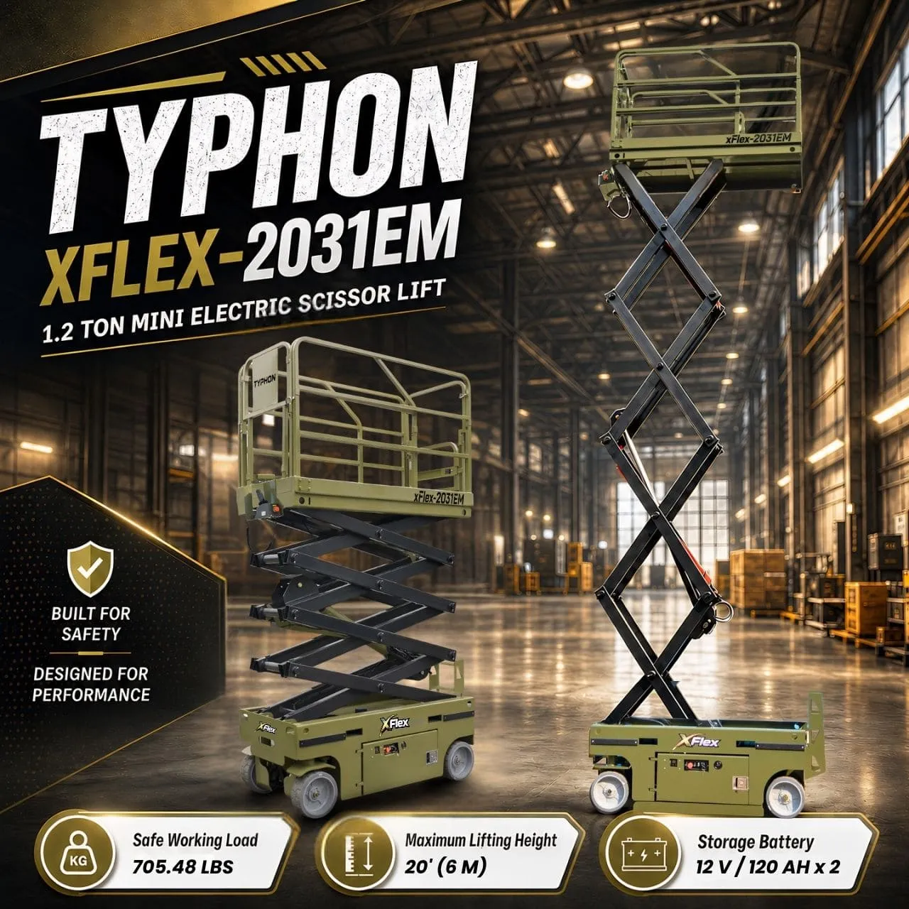 TYPHON xFLEX-2031EM 1.2 Ton Electric Mini Scissor Lift with 20ft Max Platform Height and 19.7″ Platform Extend
