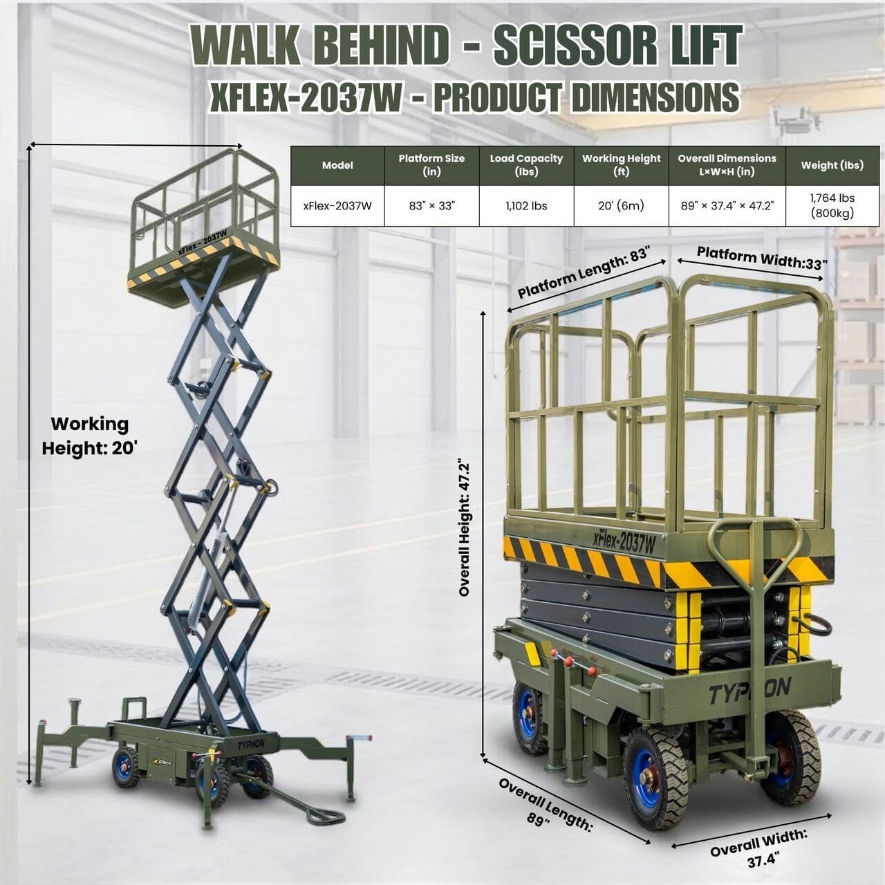 TYPHON xFlex-2037W Walk-Behind Scissor Lift comes with 20ft Working Height and Manual outriggers 1102 lbs load capacity 110V Electric - Image 2