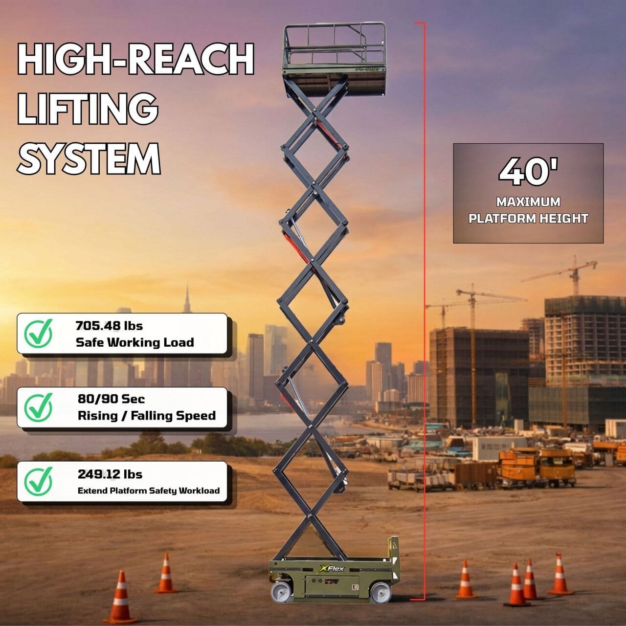 TYPHON xFlex-4046EW Electric Wheel Scissor Lift 2.6 Ton operating weight and 40ft platform height with 705lbs Load Capacity - Image 3