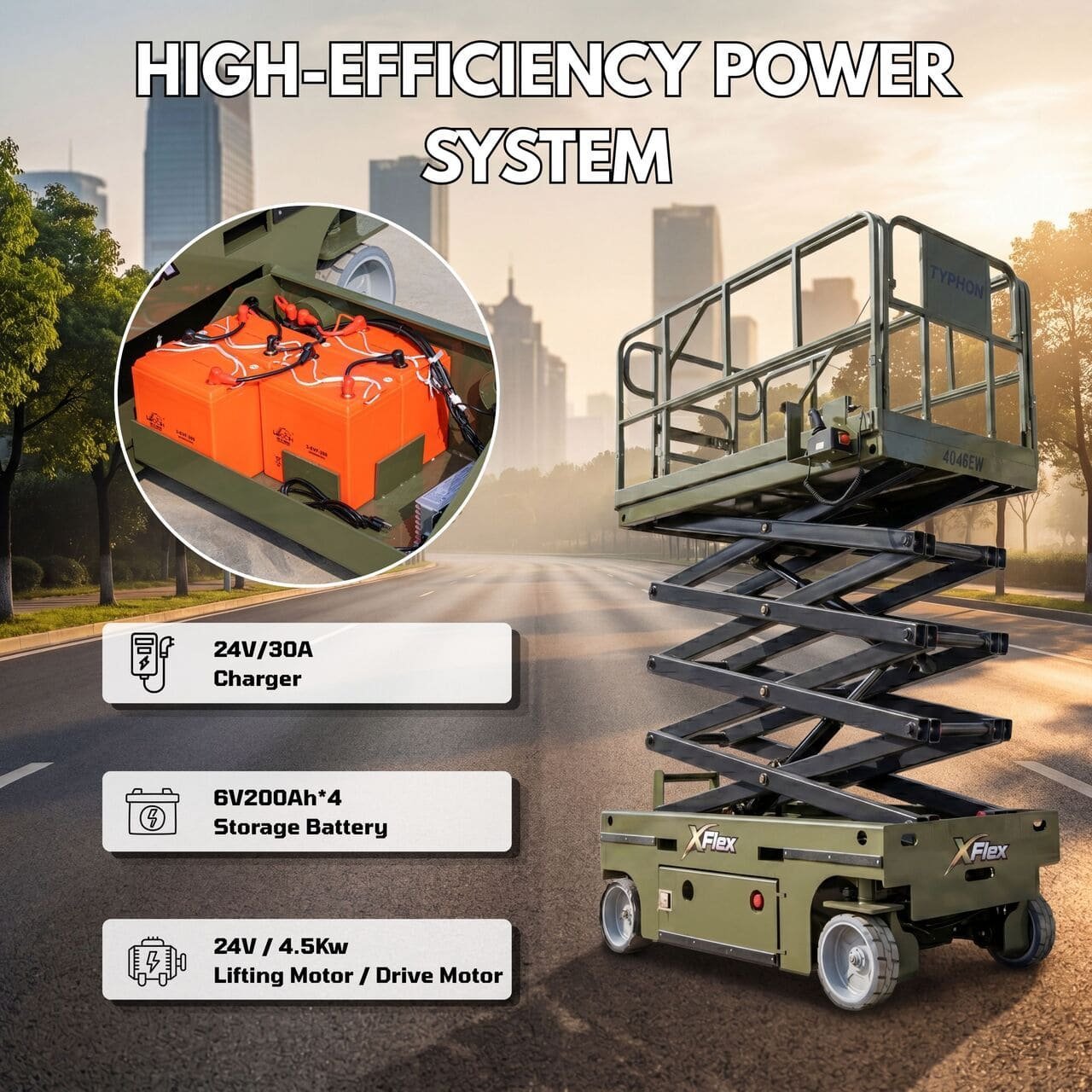 TYPHON xFlex-4046EW Electric Wheel Scissor Lift 2.6 Ton operating weight and 40ft platform height with 705lbs Load Capacity - Image 5