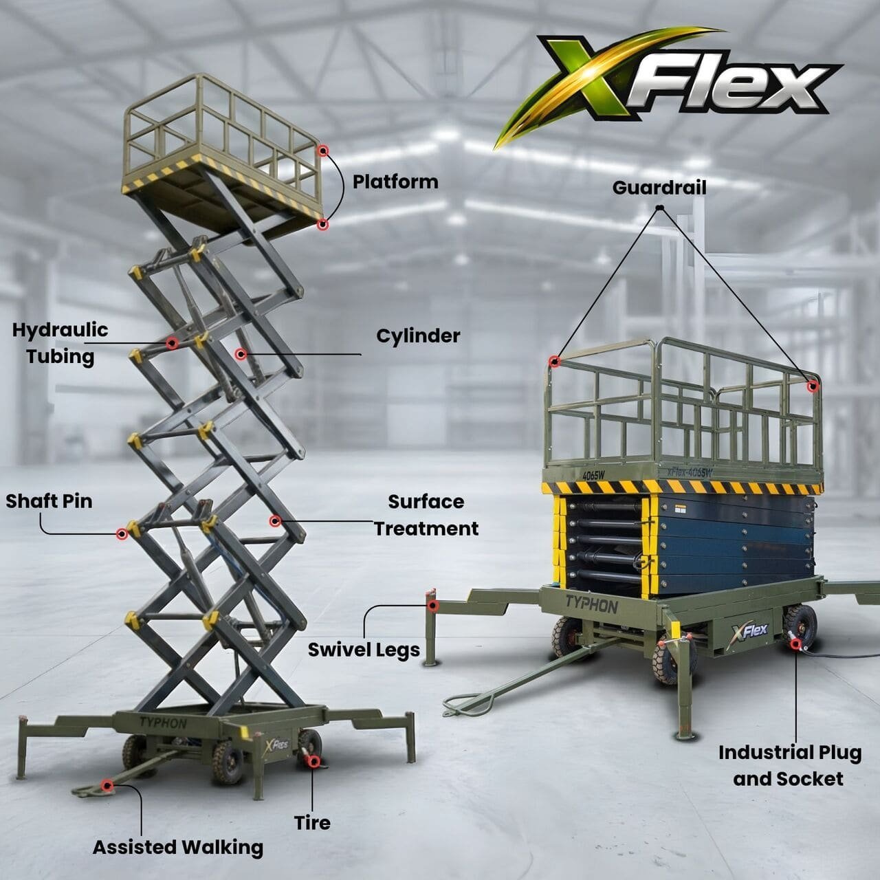 TYPHON xFlex 4065W Walk Behind Scissor Lift 2.7 Ton with Assisted Walking, Manual outriggers of 40 ft lifting Height & 110V Electric