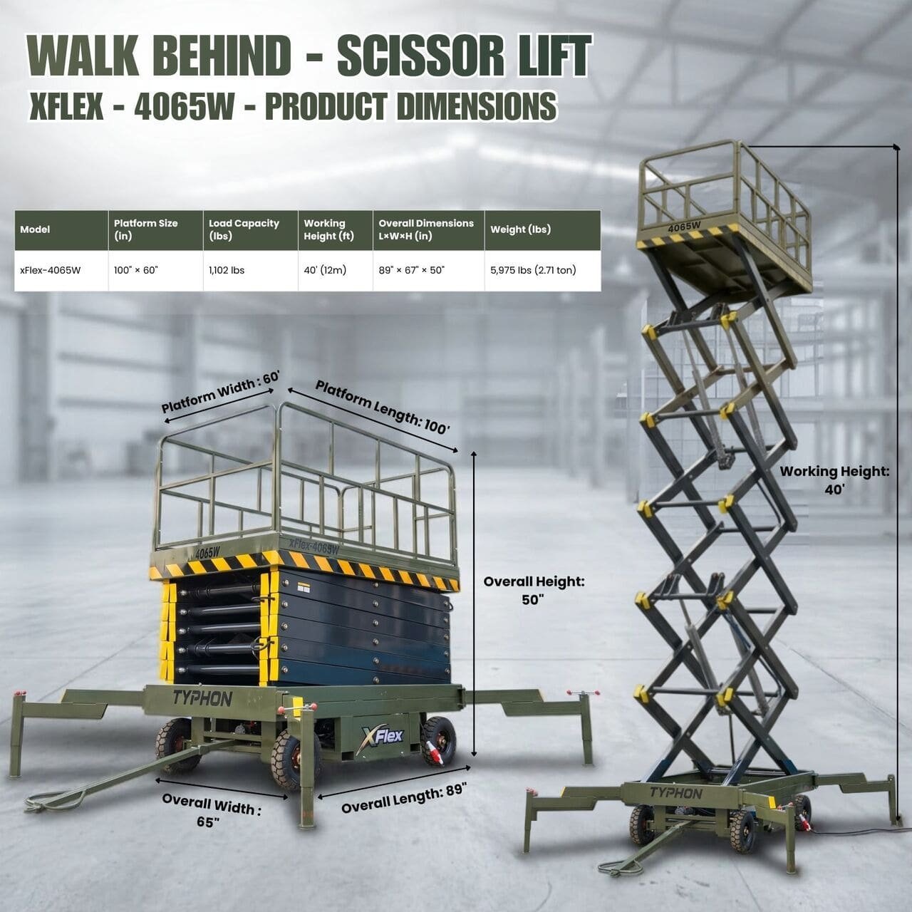 TYPHON xFlex 4065W Walk Behind Scissor Lift 2.7 Ton with Assisted Walking, Manual outriggers of 40 ft lifting Height & 110V Electric - Image 2