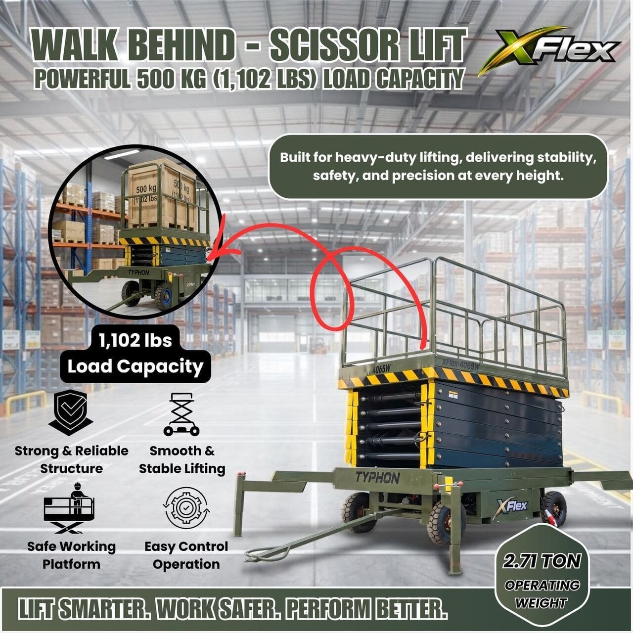 TYPHON xFlex 4065W Walk Behind Scissor Lift 2.7 Ton with Assisted Walking, Manual outriggers of 40 ft lifting Height & 110V Electric - Image 3