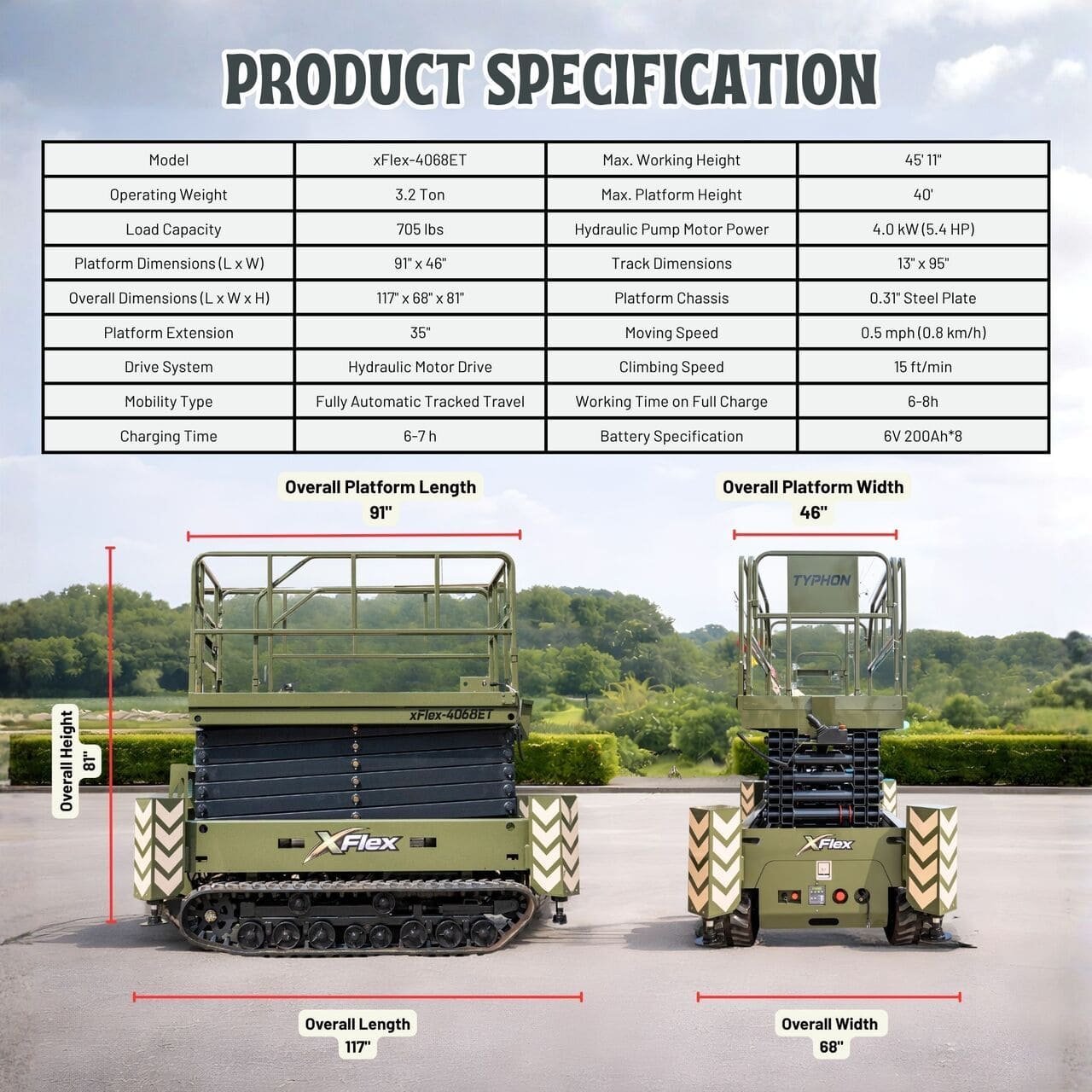 TYPHON xFlex 4068ET Electric Rubber Track Scissor Lift 3.2 Ton with 5.4HP Hydraulic Pump Motor Drive and Hydraulic Lifting Cylinder, 40 ft Max Lifting Height - Image 34