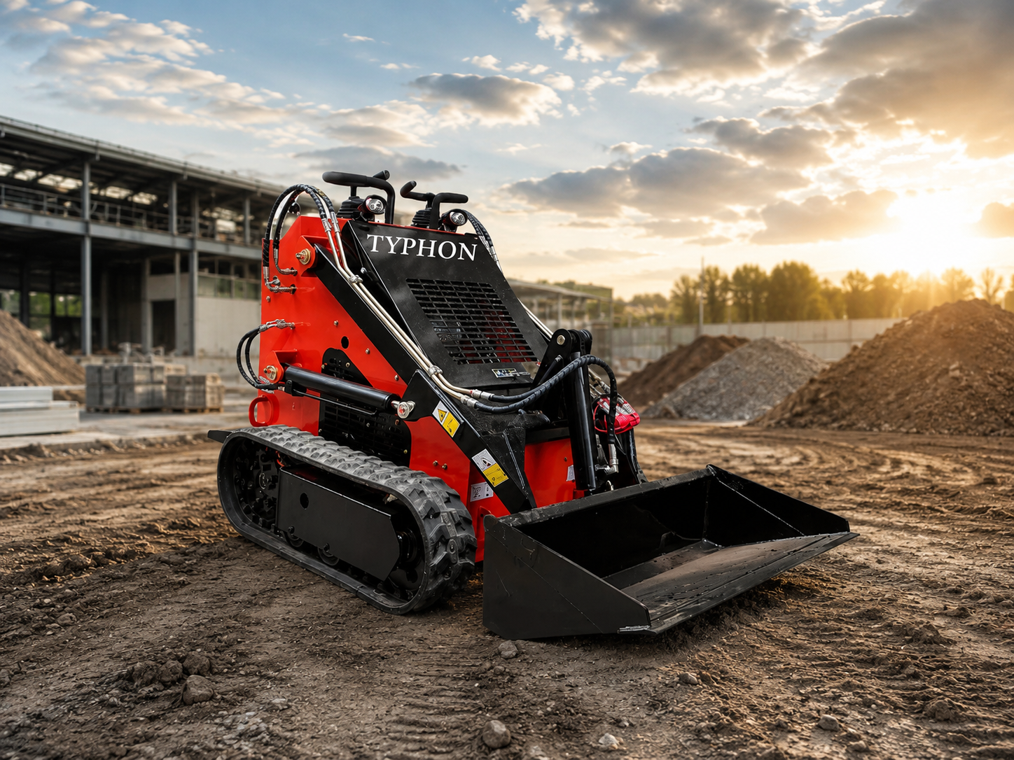 TYHPHON tracked skid steer loader with bucket at a construction site