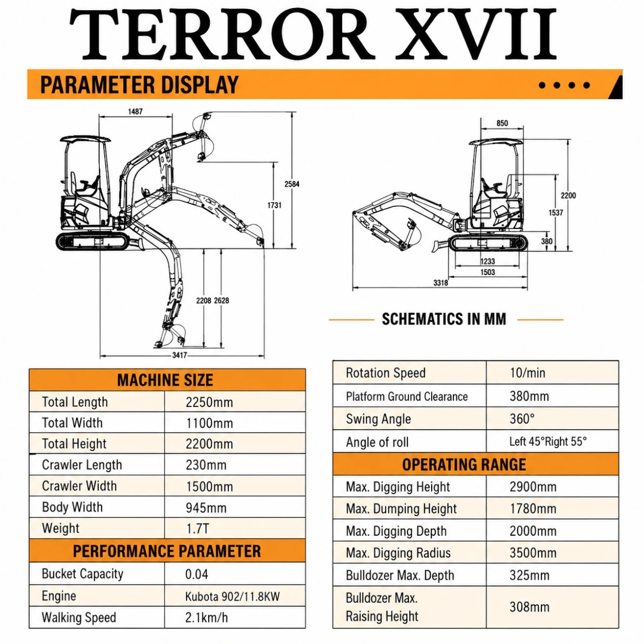 3,800 lb TYPHON TERROR XVII Mini Excavator Rubber Track with Kubota D902 Diesel Engine USA